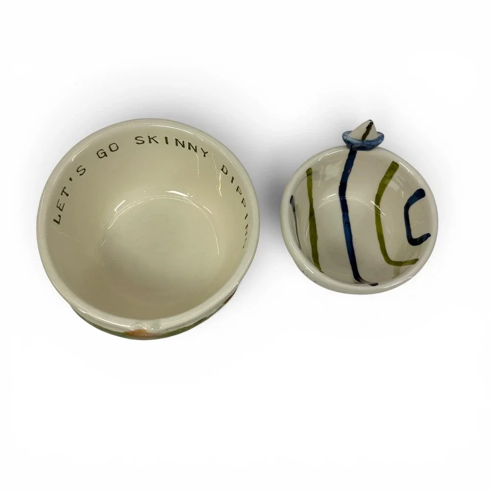 Mud Pie Skinny Dipping Trout and Sailboat Ceramic Dipping Bowl Set 2 Piece